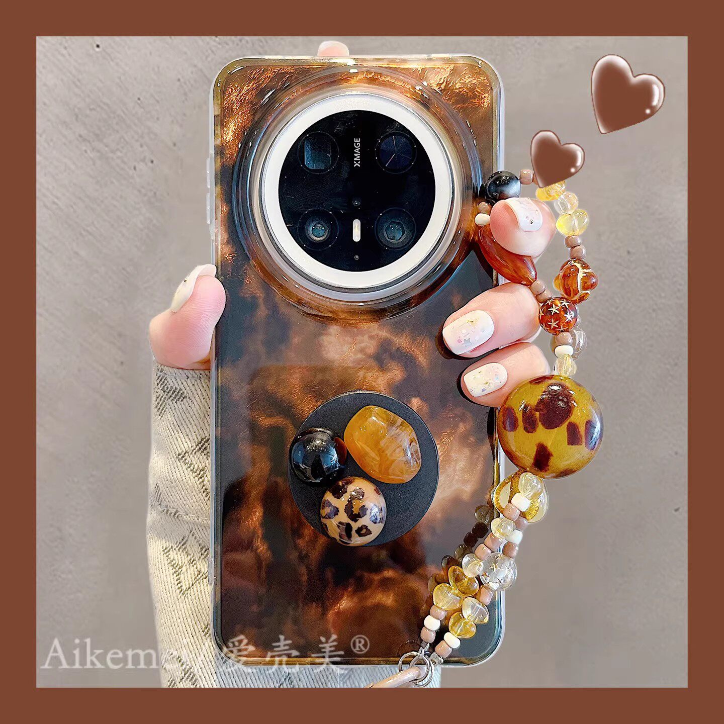 适用华为mate70pro+手机壳高级感mate80promax琥珀棕色渐变晕染Mate60pro立体宝石支架链条pura80pro防摔女款