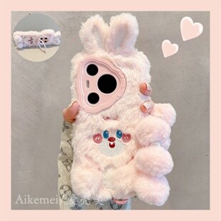 适用华为pura80pro+手机壳秋冬粉色毛绒呲牙兔子Pura70pro毛茸茸手绳p8070pro镜头支架mate70pro卡通防摔女款