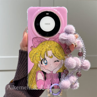 适用华为mate60pro 手机壳mate70pro韩系卡通甜美闪粉美少女Mate60链条挂绳双层pura8070pro全包防摔女潮 新款