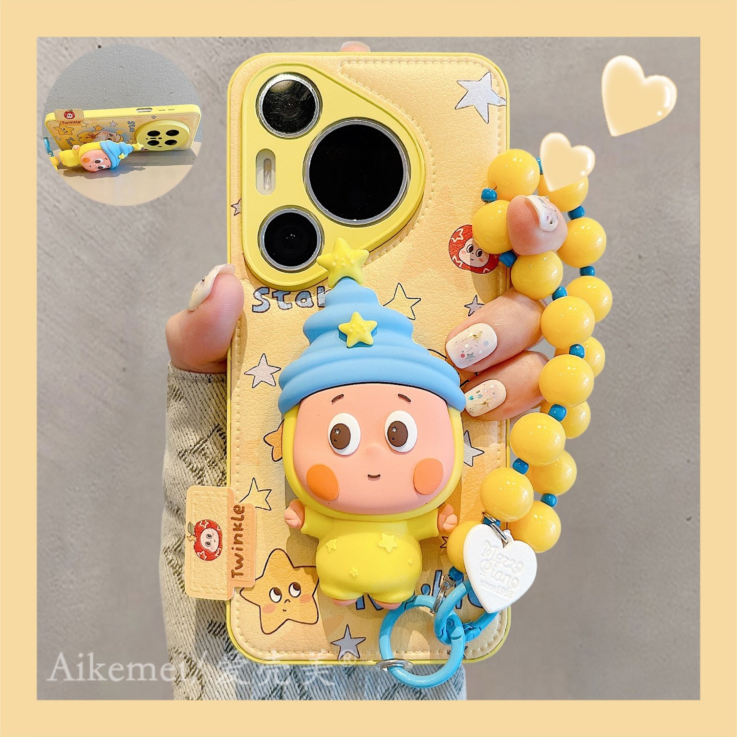 适用华为pura80pro+手机壳可爱卡通晕染黄色高帽小人Pura70pro链条挂绳p8070Ultra气垫皮纹mate70pro防摔女款