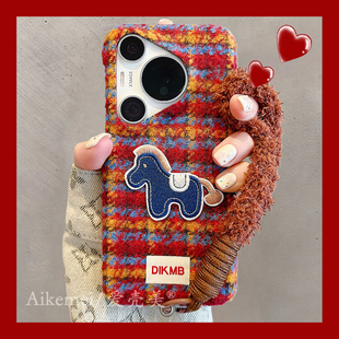 mate70pro 撞色绒布彩色格子刺绣小马Pura70pro毛绒挂绳p8070防摔女款 保护套 手机壳秋冬款 适用华为pura80pro