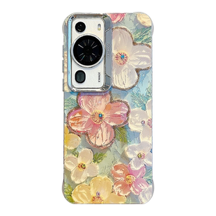 适用华为mate60pro+手机壳mate70pro+高级感油画花朵mate40pro蓝光滴胶彩钻mate50pro链条防摔软硅胶保护女款