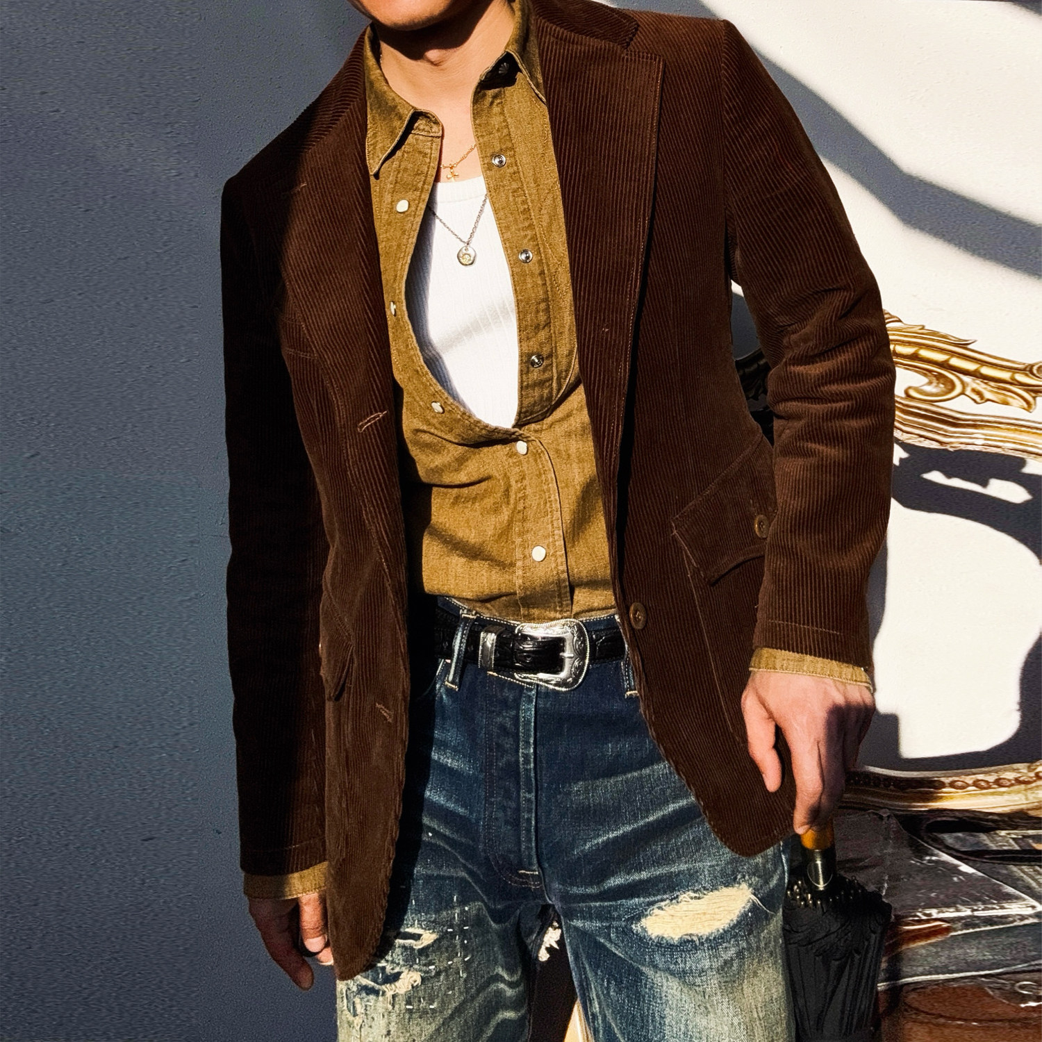 美式复古RL风格水洗旧化重磅灯芯绒西装绅装袋花刺绣复古西服