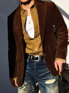 美式复古RL风格水洗旧化重磅灯芯绒西装绅装袋花刺绣复古西服