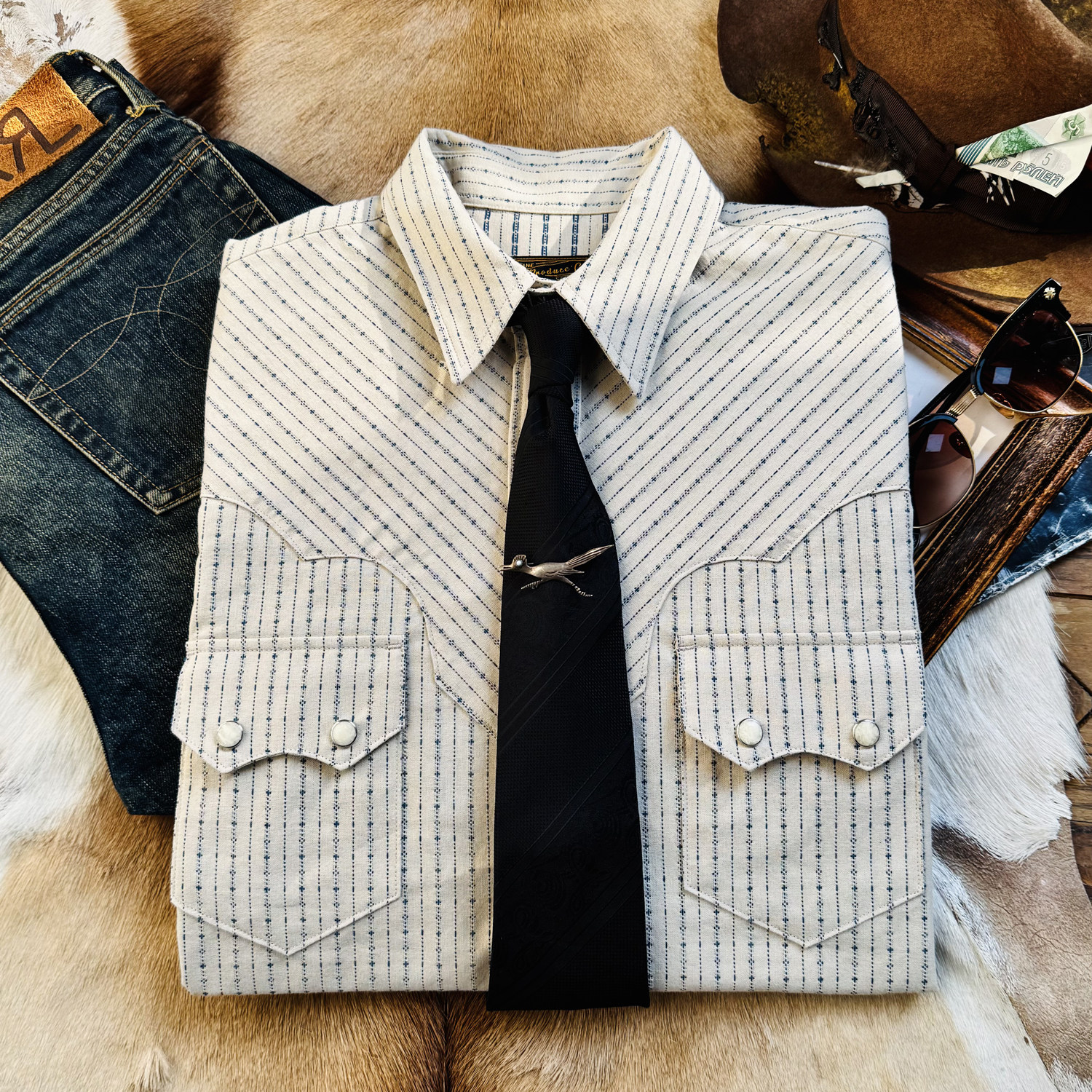 2026春装新款 美式复古条纹提花西部工装衬衫纯棉长袖衬衣