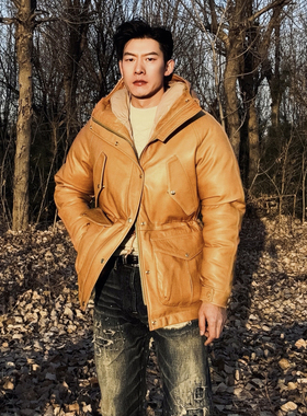 意大利无涂水染绵羊皮中长款连帽90白鸭绒加厚真皮猎装极地羽绒服