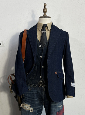 美式复古重磅刺子蓝染vintage西装RL风格西部外套男