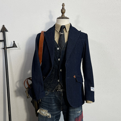 美式复古重磅刺子蓝染vintage西装RL风格西部外套男