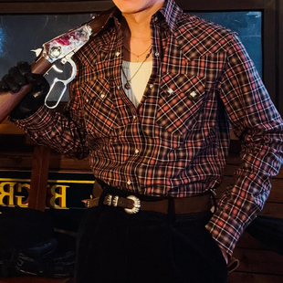 2026春装首发~美式复古西部衬衫纯棉格纹工装长袖衬衣—赏金猎人