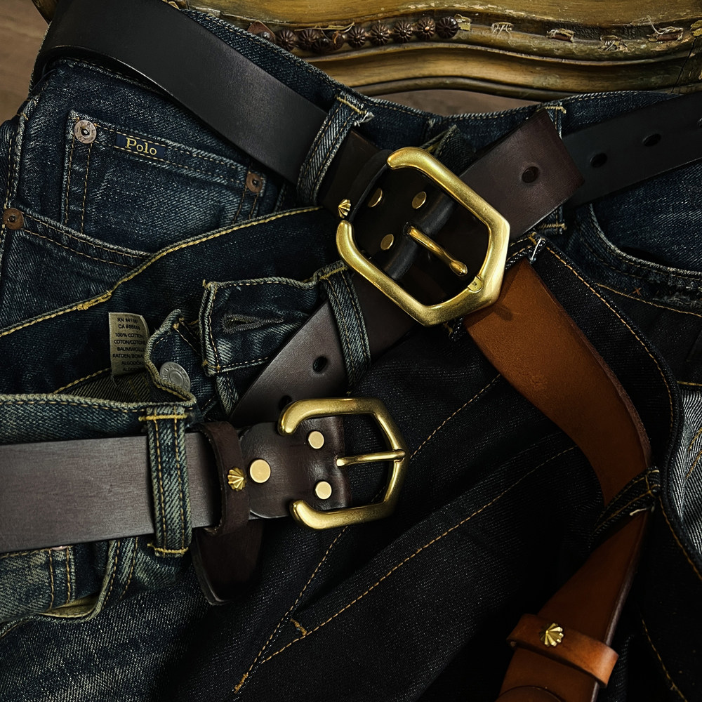 美式复古手工头层植鞣牛皮真皮腰带黄铜扣硬汉皮带