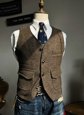 美式复古彩点580g重磅粗花呢猎装马甲羊毛呢V领工装背心男RL咔叽
