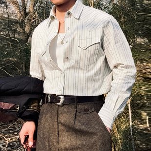 2026春装新款 美式复古珠链提花条纹长袖衬衫男西部全棉休闲衬衣