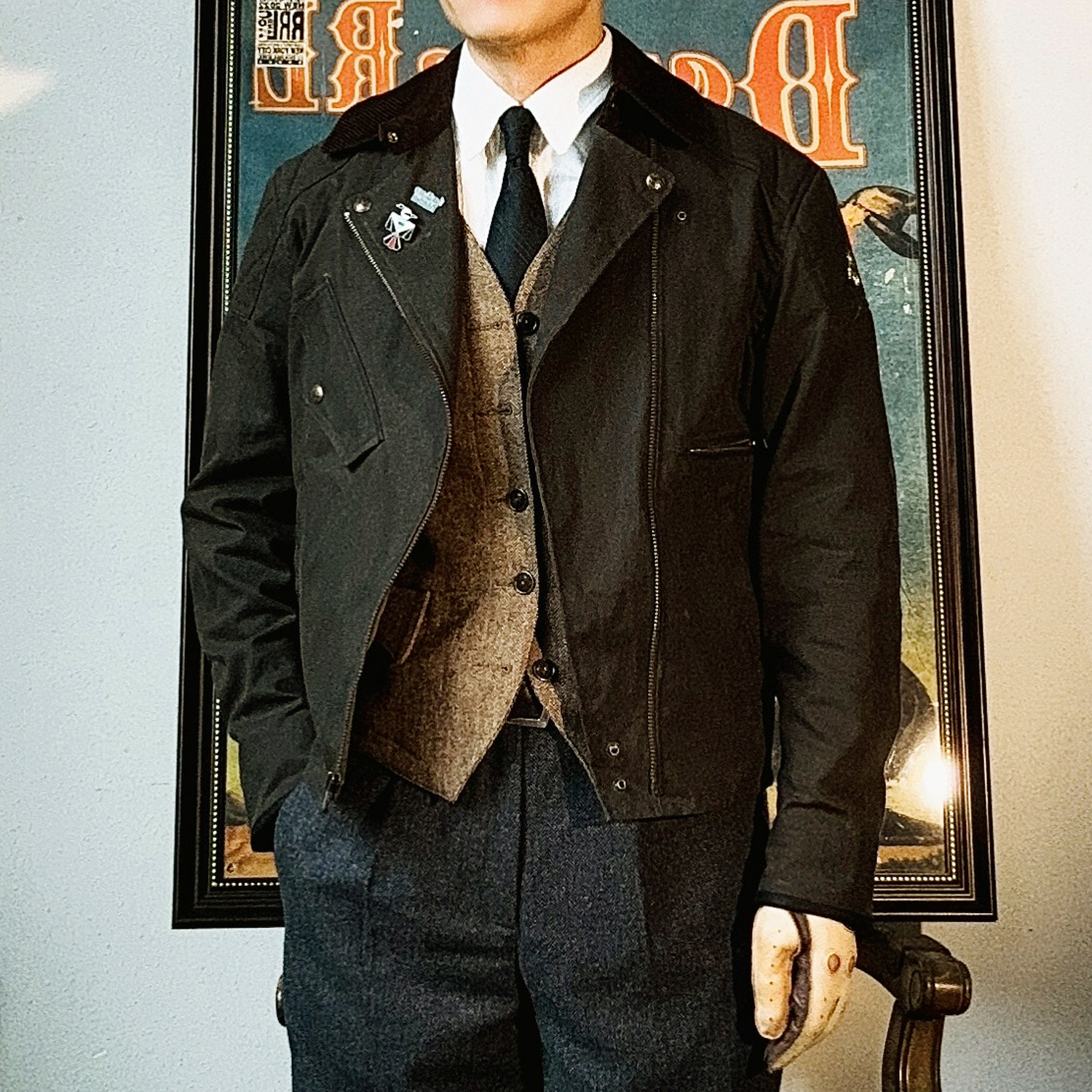 集结！美式复古全棉防水油蜡布翻领斜拉短款机车夹克