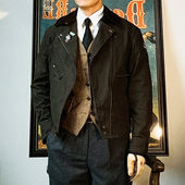 复古全棉防水油蜡布翻领斜拉短款 集结 美式 机车夹克