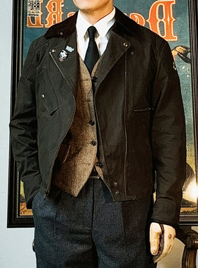 集结！美式复古全棉防水油蜡布翻领斜拉短款机车夹克