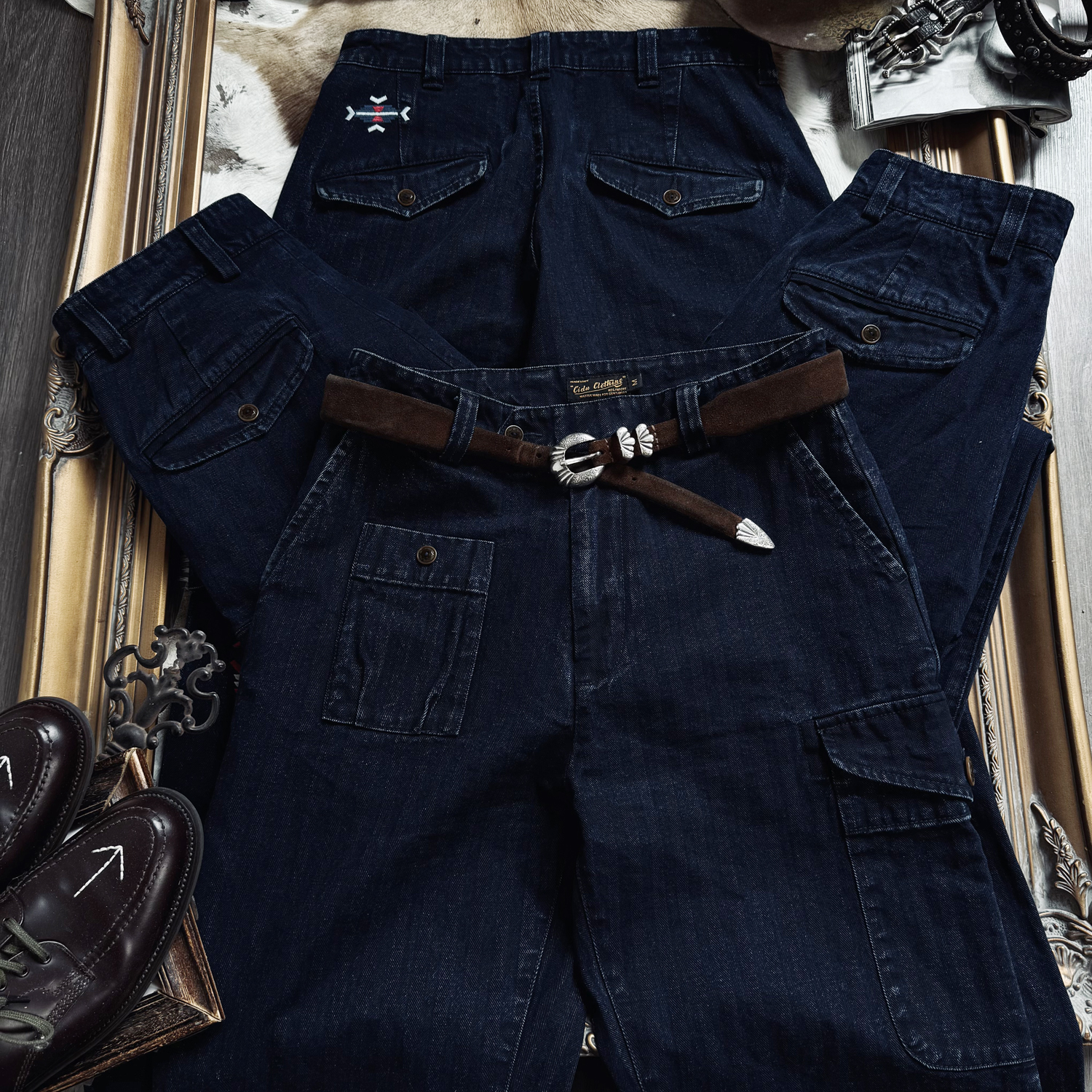 蓝染做旧鱼骨纹纯棉经典百搭P37中高腰直筒裤工装军事风复古长裤