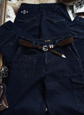 蓝染做旧鱼骨纹纯棉经典百搭P37中高腰直筒裤工装军事风复古长裤