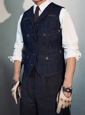 美式复古西部袋花刺绣工装马甲竹节纹原牛水洗做旧多口袋V领马夹