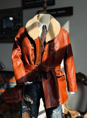 美式复古中长款牧场主真皮大衣植鞣牛皮羊羔毛领加棉风衣