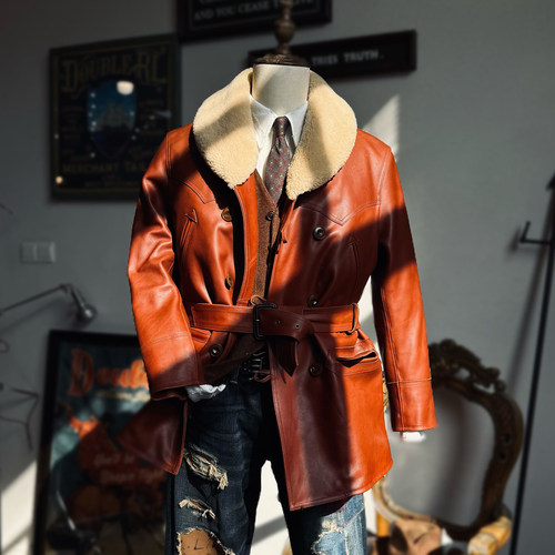 美式复古中长款牧场主真皮大衣植鞣牛皮羊羔毛领加棉风衣