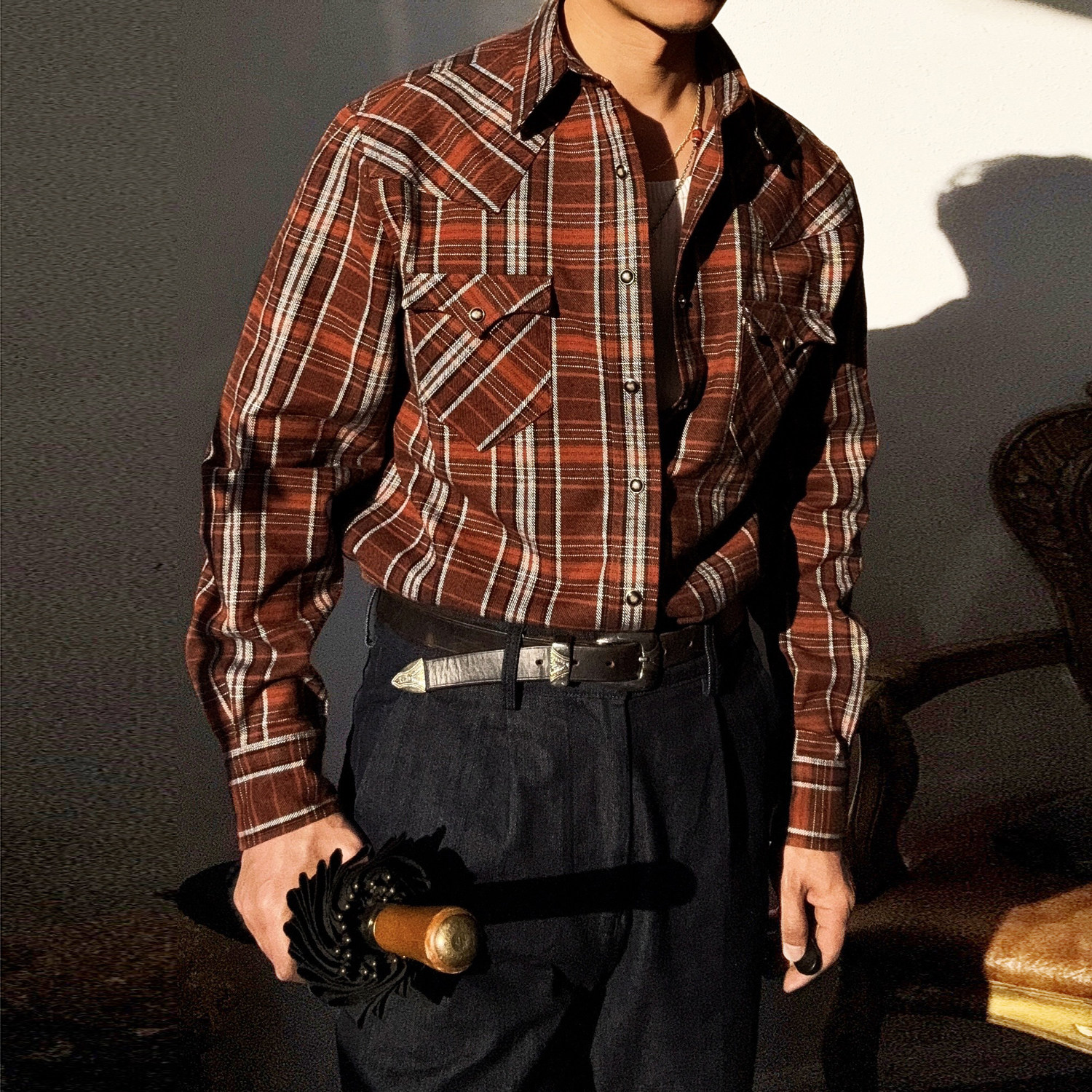 美式复古格纹西部衬衫重磅加厚纯棉磨毛工装长袖格子衬衣