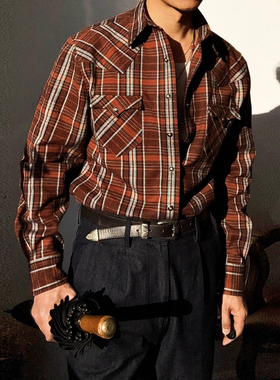 美式复古格纹西部衬衫重磅加厚纯棉磨毛工装长袖格子衬衣