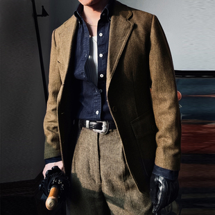 美式复古人字纹粗花呢羊毛西装外套男士绅装西服