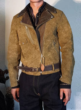 惊艳！意大利牛皮无内衬设计正皮反用翻领斜拉短款机车夹克