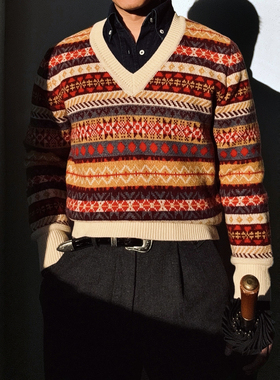 新年氛围感~美式复古重磅羊毛针织提花V领费尔岛毛衣
