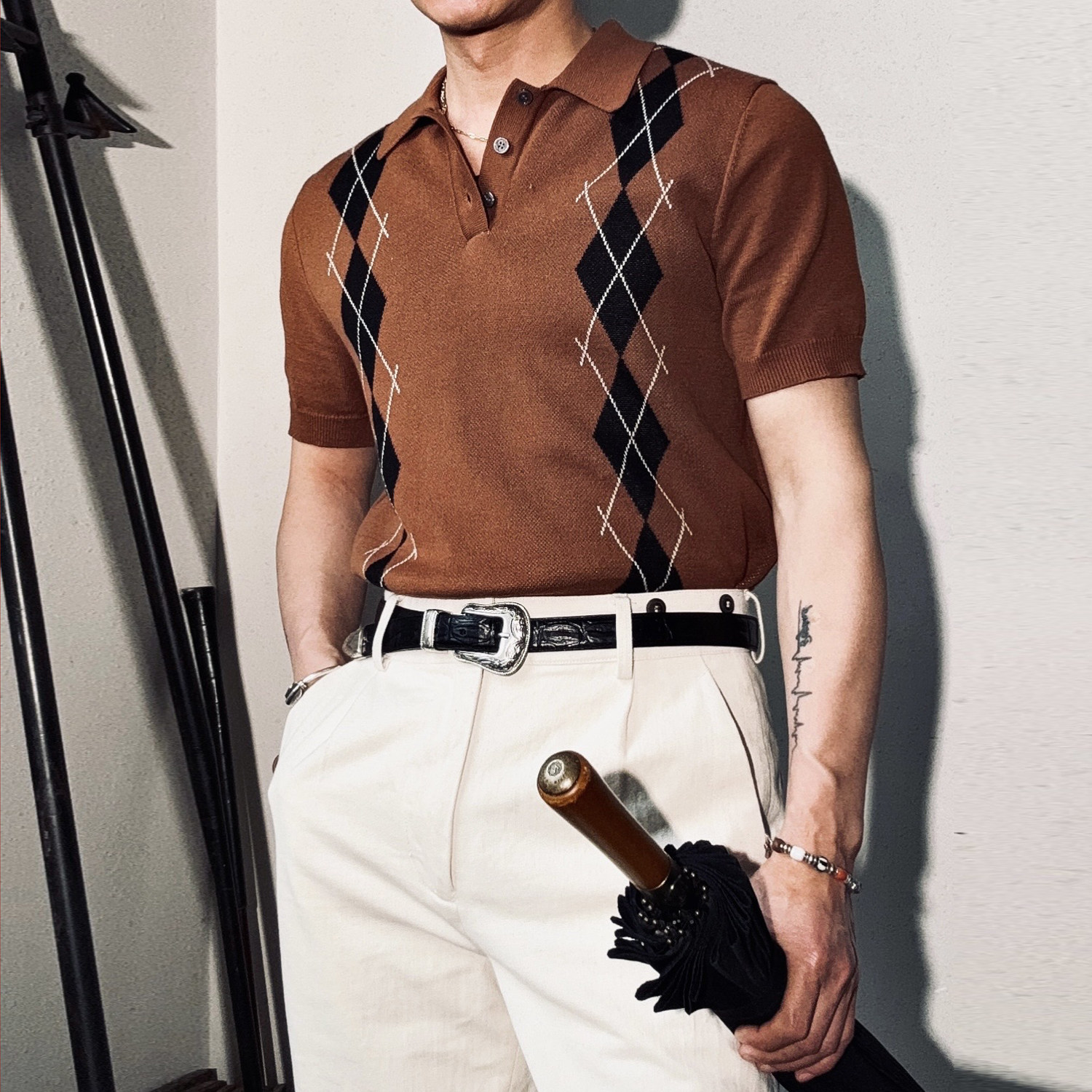 2026夏装新款 美式复古菱格撞色针织Polo衫清爽透气休闲短袖T恤