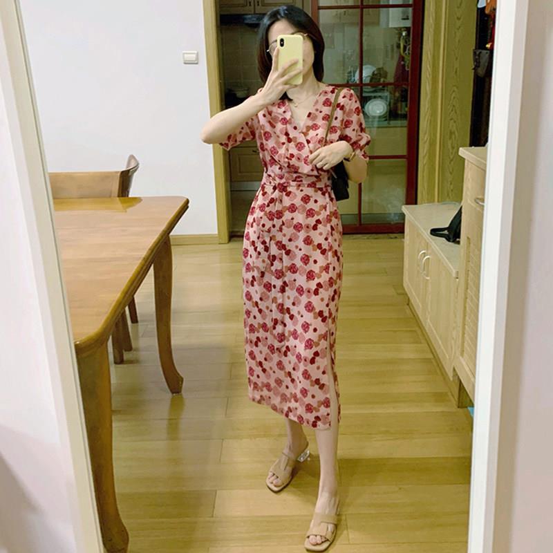 FAshi 复古气质修身显瘦印花连衣裙女优雅温柔风长裙子夏季新款