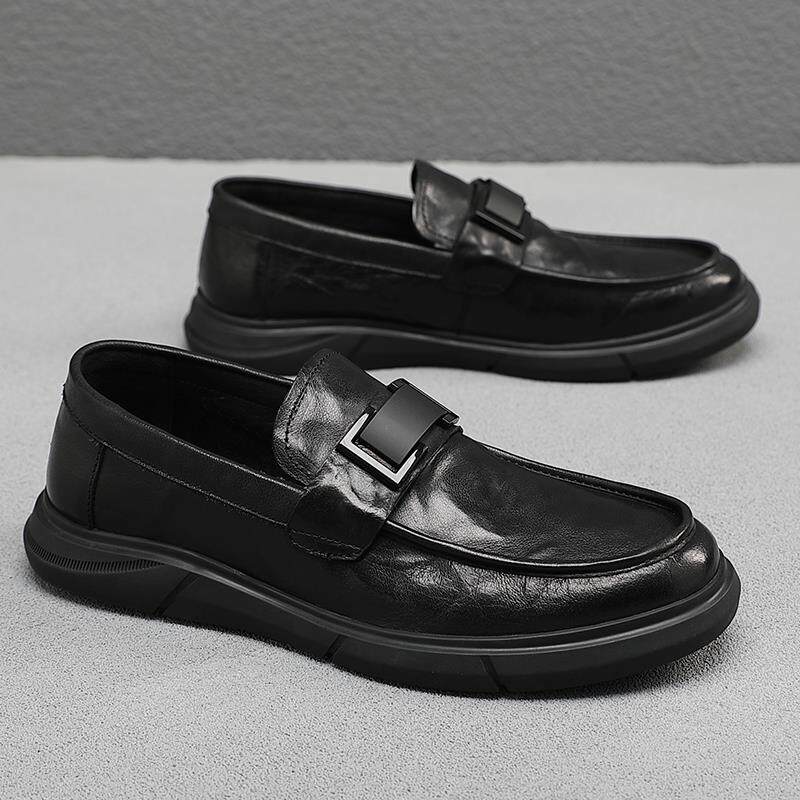 潮牌夏季新款英伦风真皮透气休闲皮鞋男士一脚蹬软底耐磨豆豆潮鞋