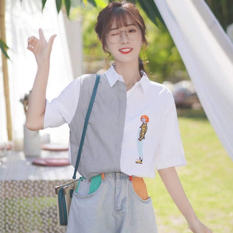 刺绣polo领半袖衬衣女夏2026新款条纹短袖衬衫T恤宽松设计感小众