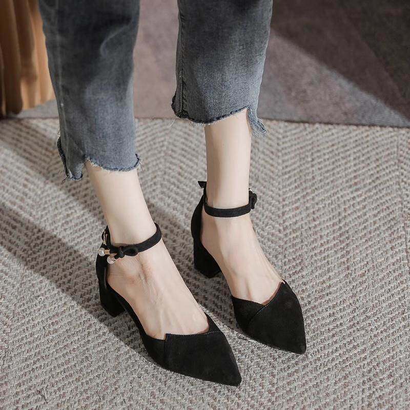 法式尖头单鞋女2025夏季新款粗跟高跟鞋韩版百搭绝美配裙子仙女鞋