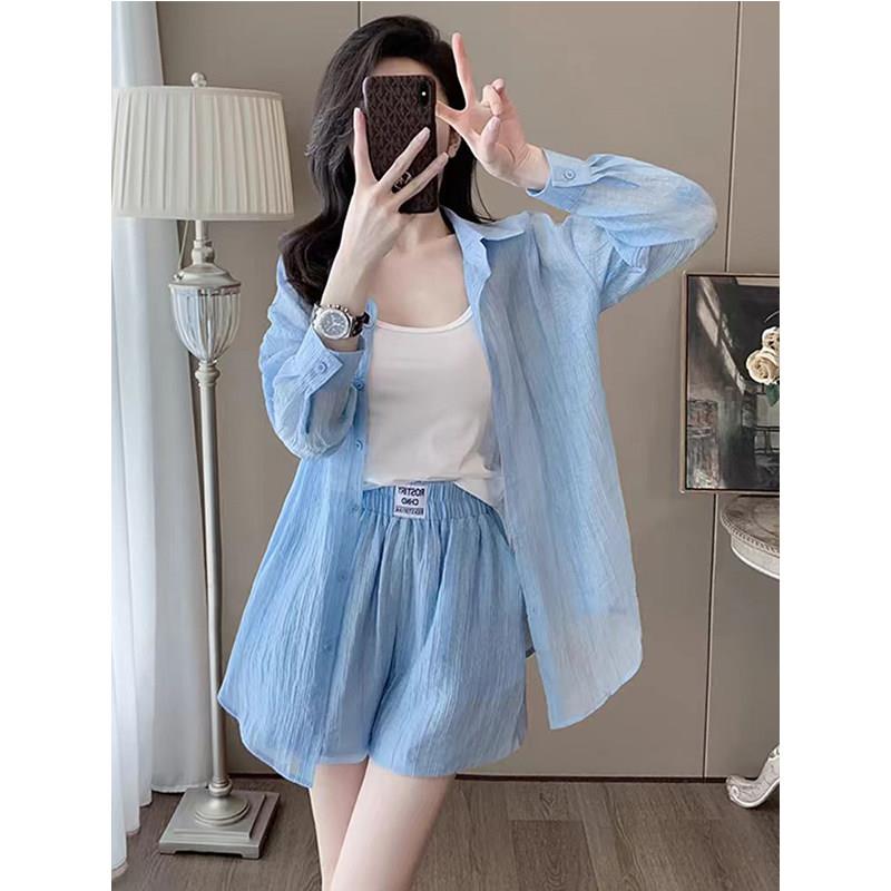 欧洲站蓝色休闲 时尚套装女2025新款高级感长袖短裤防晒运动两件