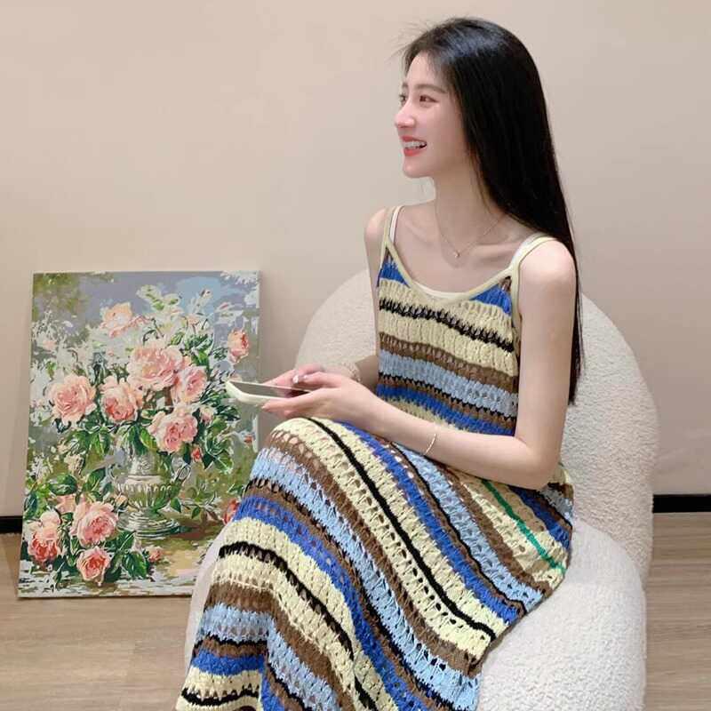 FAshi 彩虹条纹吊带连衣裙女夏海边度假慵懒风休闲气质法式长裙子