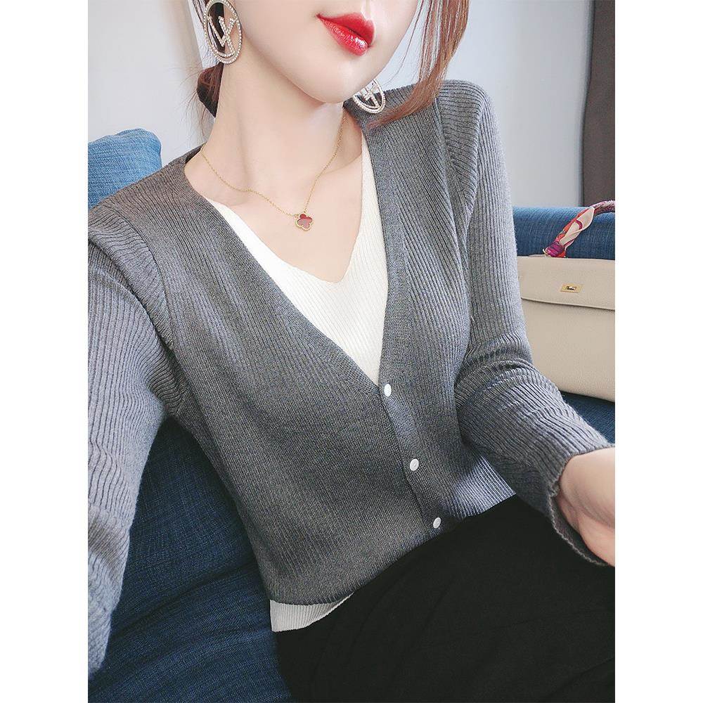 欧洲站假两件针织衫2025新款爆款女开衫外套时尚长袖V领长袖洋派