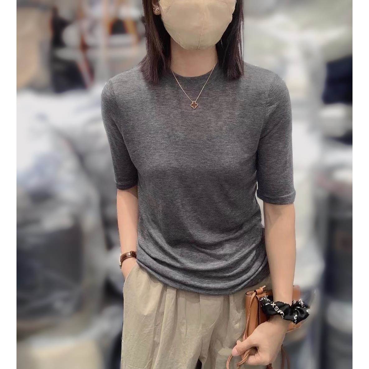 韩国天丝细羊毛中袖T恤女 高品质软糯显瘦百搭弹力薄款上衣面膜衣