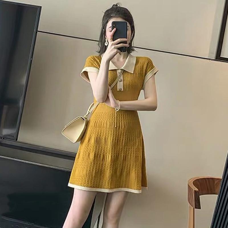 欧洲站夏季女装2023新款法式高级感气质polo领黄色薄款针织连衣裙