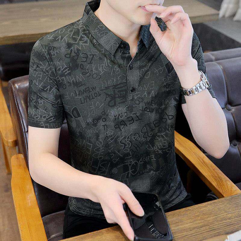冰丝短袖t恤男衬衫领夏季薄款高端翻领polo衫男冰感中年夏装上衣