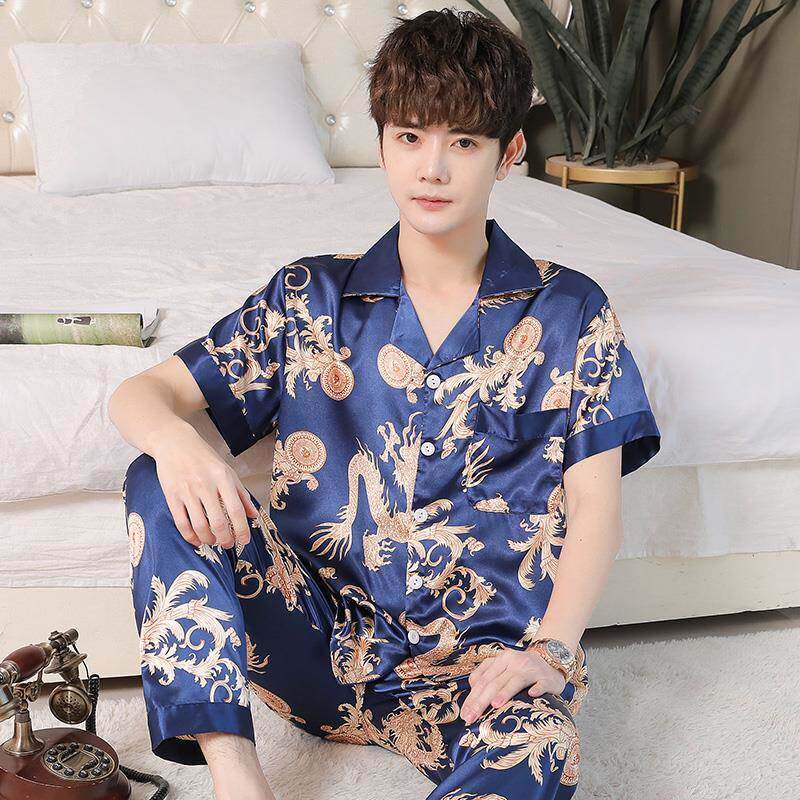 2024年新款睡衣男春夏季薄款丝绸短袖长裤冰丝大码家居服蚕丝套装