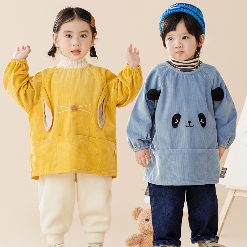 宝宝纯棉灯芯绒防水吃饭反穿衣