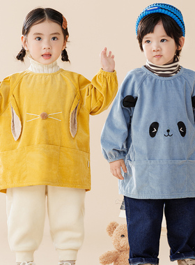 儿童纯棉灯芯绒罩衣男孩画画围裙女孩吃饭可爱围兜宝宝防水反穿衣