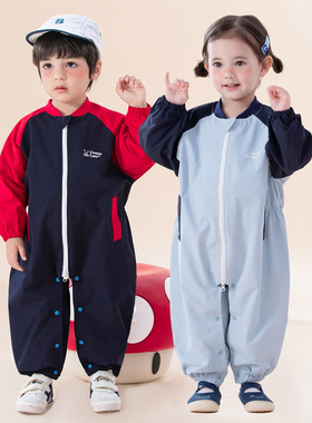 宝宝防水护衣婴幼儿防脏连体爬爬服宝宝外穿秋冬长袖围兜爬行罩衣