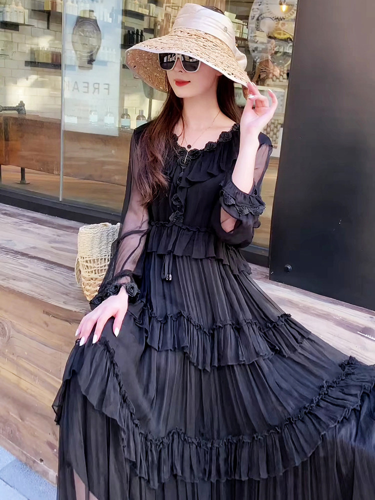 立体飘花拼接荷叶边高端印花真丝连衣裙女宽松收腰绑带桑蚕丝长裙