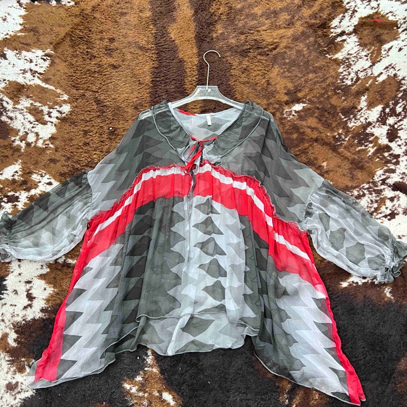 2025夏季新款真丝上衣印花女宽松衬衣大码气质中拼接长袖