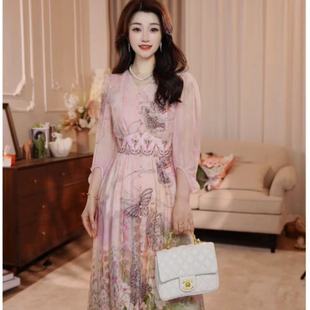 V领印花连衣裙海边度假沙滩裙长裙子 海棠花开 2025年夏季 新款