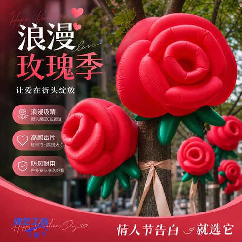 网红悬挂充气玫瑰花气模定制户外树上装饰情人节商场美陈打卡道具