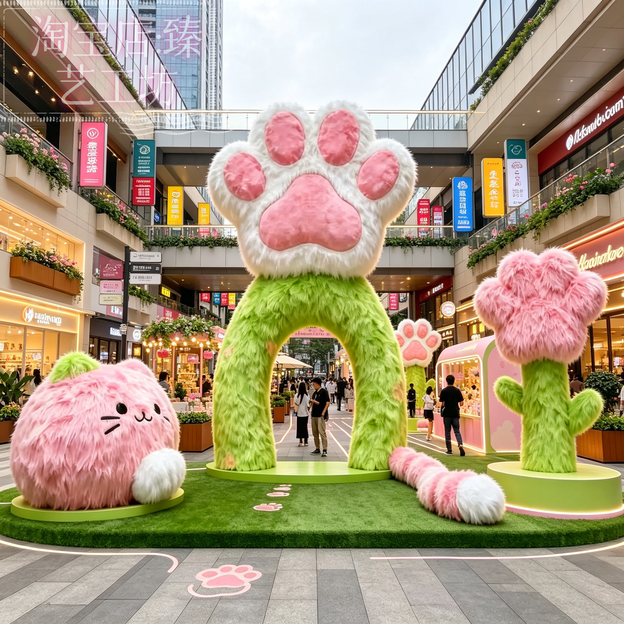 粉色毛绒猫爪拱门猫咪美陈商场中庭开业打卡大型仿真毛绒装饰摆件