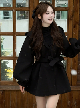 bule蓝色星球秋冬厚款加厚夹棉圣诞红呢子大衣连帽设计感毛呢外套